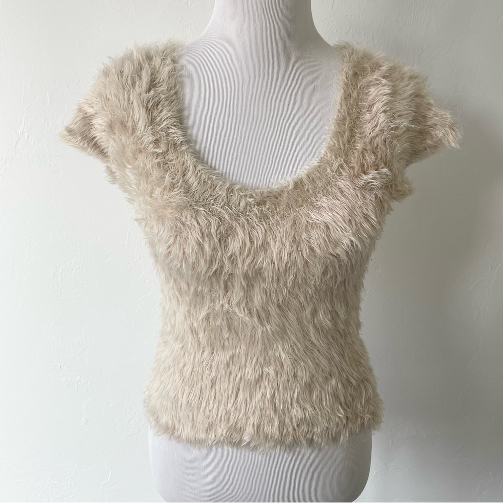 Free People Tan Fuzzy Cropped Scoop Neck Top Small